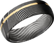 Handmade 7mm flattwist Damascus steel band with an off center inlay of 14K yellow  gold