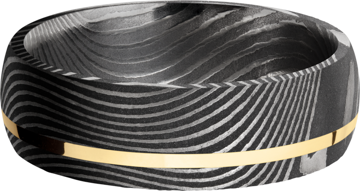 Handmade 7mm flattwist Damascus steel band with an off center inlay of 14K yellow  gold