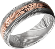 Handmade 7mm Damascus steel band featuring an inlay of Mokume Gane