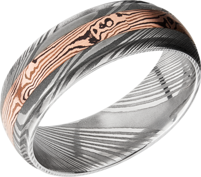Handmade 7mm Damascus steel band featuring an inlay of Mokume Gane