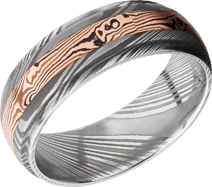 Handmade 7mm Damascus steel band featuring an inlay of Mokume Gane