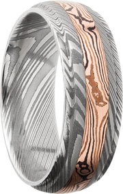 Handmade 7mm Damascus steel band featuring an inlay of Mokume Gane