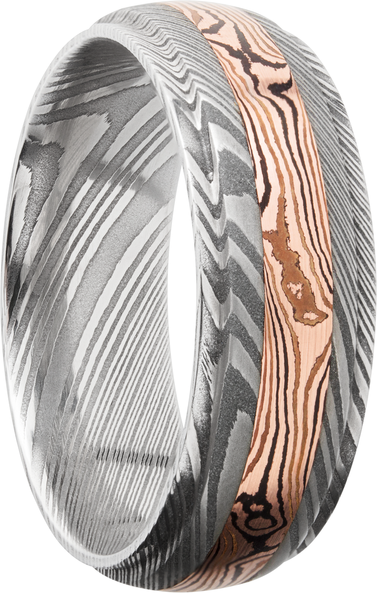 Handmade 7mm Damascus steel band featuring an inlay of Mokume Gane