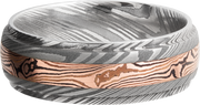Handmade 7mm Damascus steel band featuring an inlay of Mokume Gane