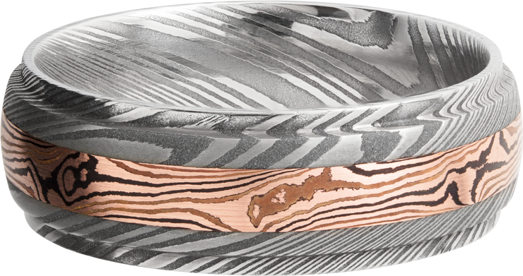 Handmade 7mm Damascus steel band featuring an inlay of Mokume Gane