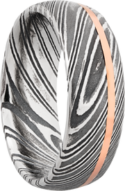 Handmade 8mm woodgrain Damascus steel band with an off center inlay of 14K rose gold