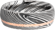 Handmade 8mm woodgrain Damascus steel band with an off center inlay of 14K rose gold