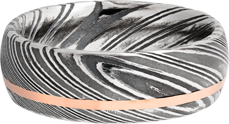 Handmade 8mm woodgrain Damascus steel band with an off center inlay of 14K rose gold