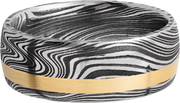 Handmade 8mm marble Damascus steel domed band with an off center inlay of 14K yellow gold
