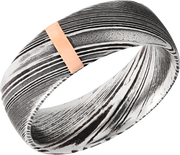 Handmade 8mm woodgrain Damascus steel domed band with 1, 2mm vertical inlays of 14K rose gold