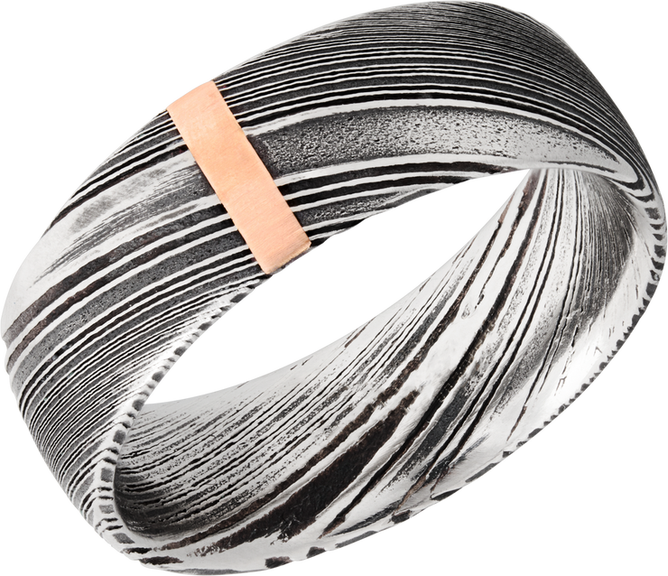 Handmade 8mm woodgrain Damascus steel domed band with 1, 2mm vertical inlays of 14K rose gold