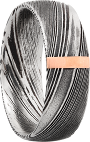 Handmade 8mm woodgrain Damascus steel domed band with 1, 2mm vertical inlays of 14K rose gold