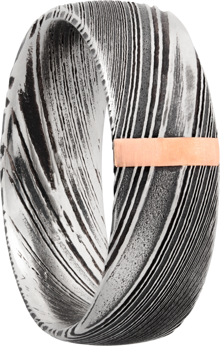 Handmade 8mm woodgrain Damascus steel domed band with 1, 2mm vertical inlays of 14K rose gold