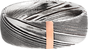 Handmade 8mm woodgrain Damascus steel domed band with 1, 2mm vertical inlays of 14K rose gold