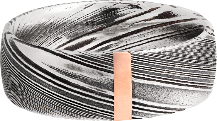 Handmade 8mm woodgrain Damascus steel domed band with 1, 2mm vertical inlays of 14K rose gold
