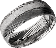Handmade 8mm Woodgrain Damascus steel band with an off center inlay of authentic Gibeon meteorite
