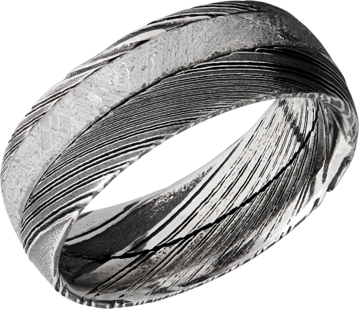 Handmade 8mm Woodgrain Damascus steel band with an off center inlay of authentic Gibeon meteorite