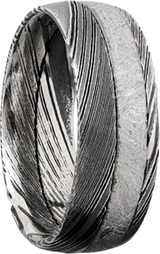 Handmade 8mm Woodgrain Damascus steel band with an off center inlay of authentic Gibeon meteorite