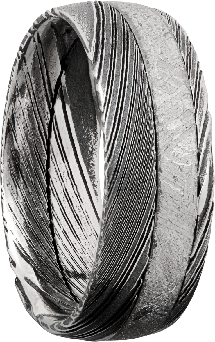 Handmade 8mm Woodgrain Damascus steel band with an off center inlay of authentic Gibeon meteorite