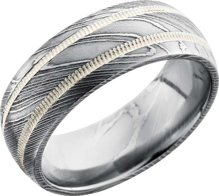 Handmade 8mm Damascus steel domed band with 2, 1mm reverse milgrain inlays of sterling silver