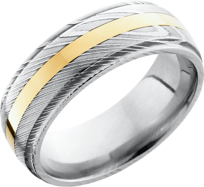 Handmade 8mm Damascus steel domed band with grooved edges and an inlay of 14K yellow gold