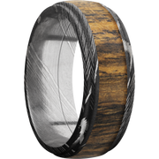 Damascus steel 8mm domed band with grooved edges and an inlay of Bocote hardwood