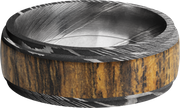 Damascus steel 8mm domed band with grooved edges and an inlay of Bocote hardwood