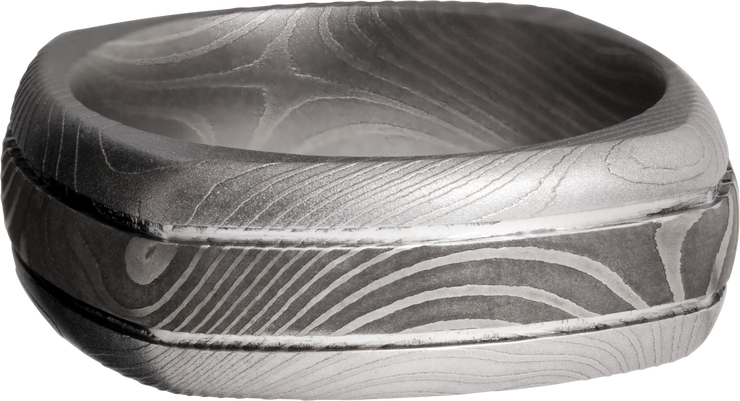 Handmade 8mm flattwist Damascus steel square domed band with 2, .5mm grooves