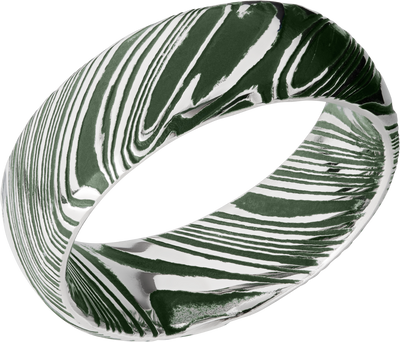 Woodgrain Damascus steel 8mm domed band beveled edges and Eastern Green Cerakote in the recessed pattern