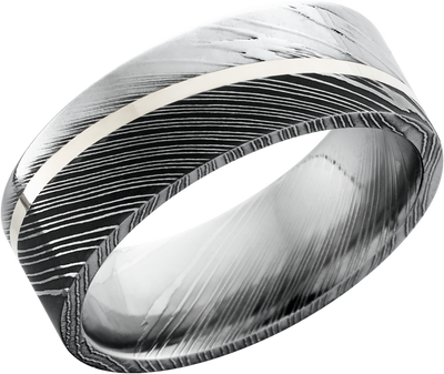 Handmade 8mm Damascus steel band with an angled inlay of sterling silver