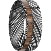 Damascus steel 8mm flat band with 1, 3mm off-centered inlay of Walnut hardwood