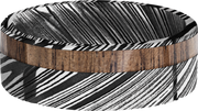 Damascus steel 8mm flat band with 1, 3mm off-centered inlay of Walnut hardwood