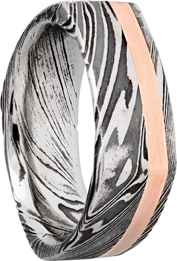 Handmade 8mm woodgrain Damascus steel square band with an inlay of 14K rose gold