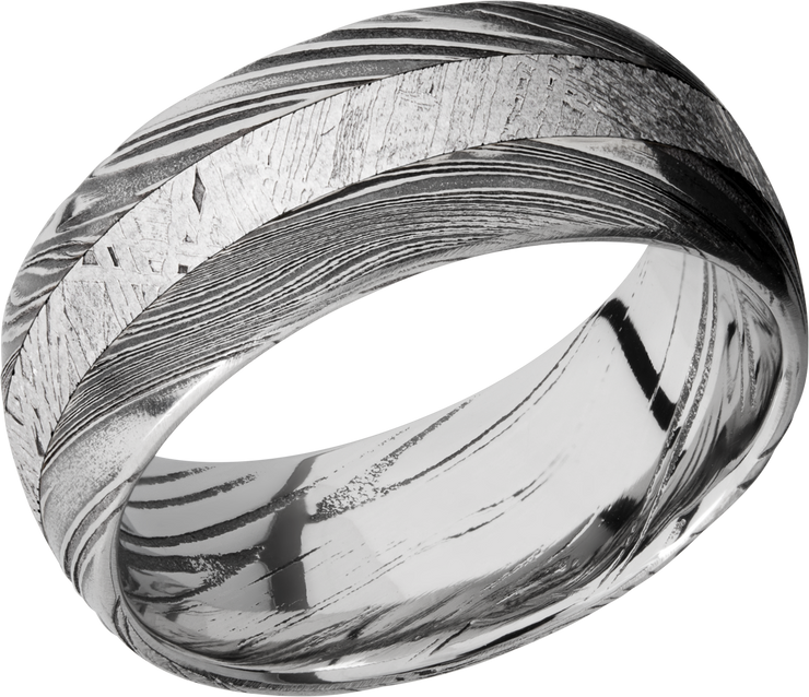 Handmade 9mm Woodgrain Damascus steel band with an inlay of authentic Gibeon Meteorite