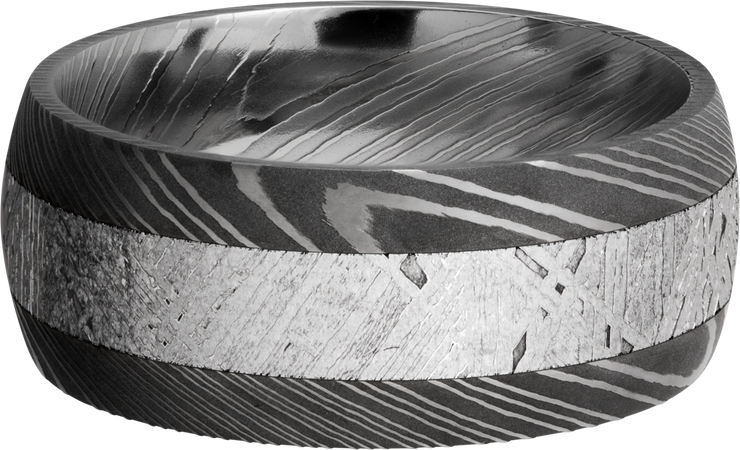 Handmade 9mm Damascus steel band with an inlay of authentic Gibeon Meteorite