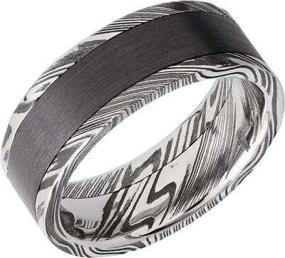 Handmade 8mm  handmade woodgrain Damascus steel flat band with an inlay of black Zirconium