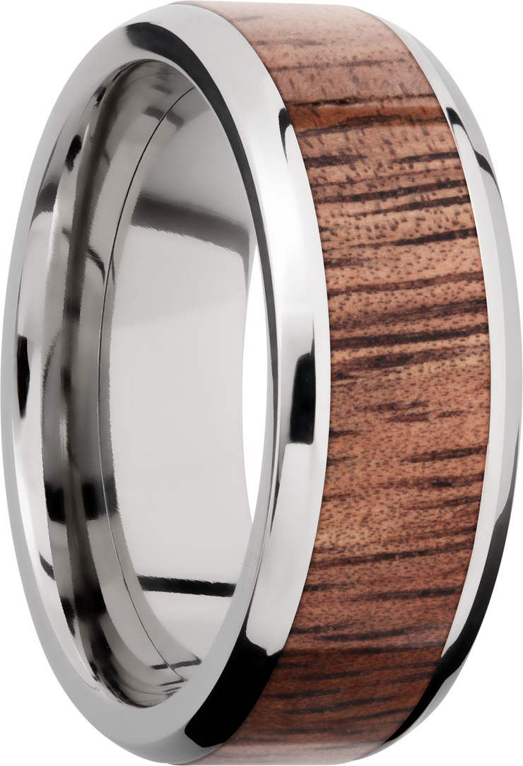 Titanium 8mm beveled band with an inlay of Koa hardwood