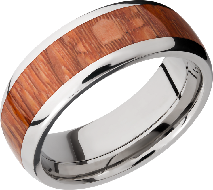 Titanium 8mm domed band with an inlay of Leopard hardwood
