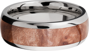Titanium 8mm domed band with an inlay of Maple Burl hardwood