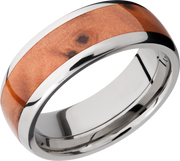 Titanium 8mm domed band with an inlay of Thuya Burl hardwood