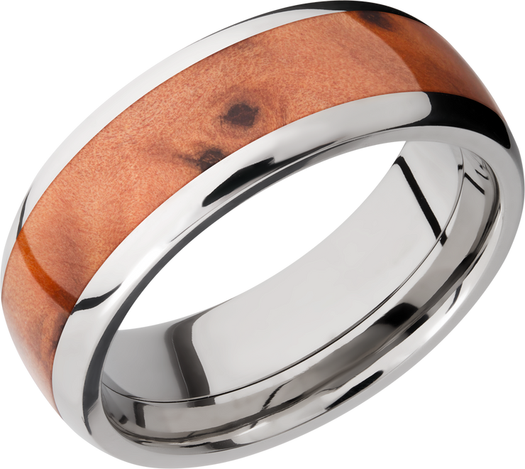 Titanium 8mm domed band with an inlay of Thuya Burl hardwood