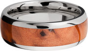 Titanium 8mm domed band with an inlay of Thuya Burl hardwood