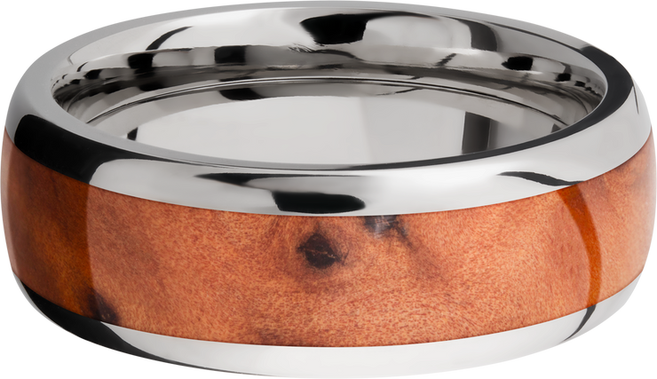 Titanium 8mm domed band with an inlay of Thuya Burl hardwood