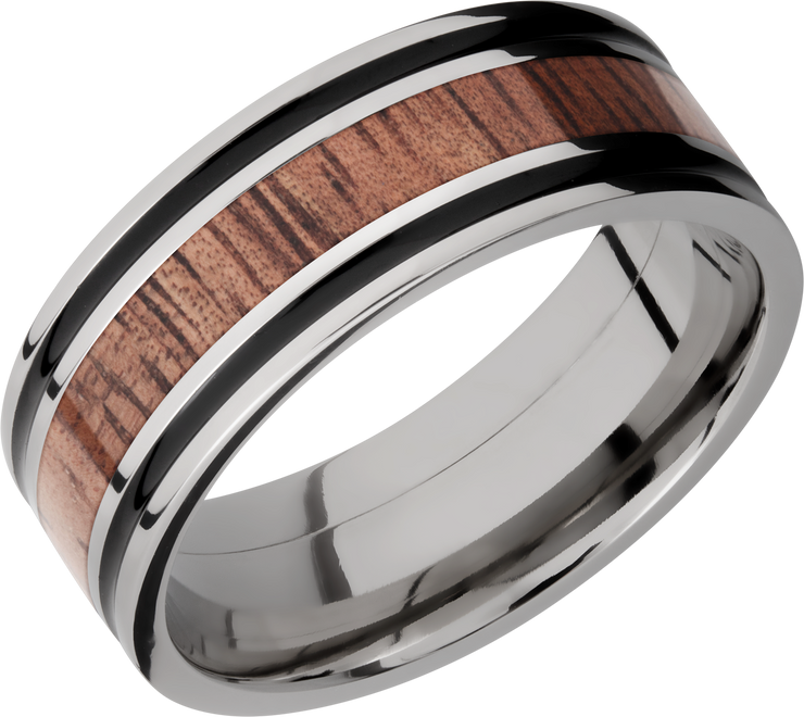 Titanium 8mm flat band with antiquing on both sides of an Koa hardwood inlay