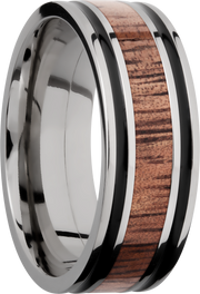 Titanium 8mm flat band with antiquing on both sides of an Koa hardwood inlay