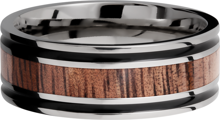 Titanium 8mm flat band with antiquing on both sides of an Koa hardwood inlay