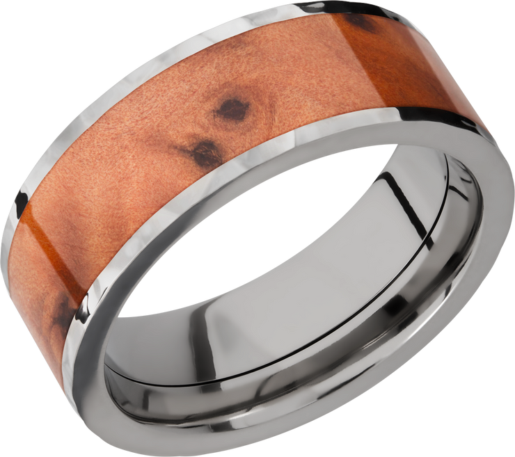 Titanium 8mm flat band with an inlay of Thuya Burl hardwood