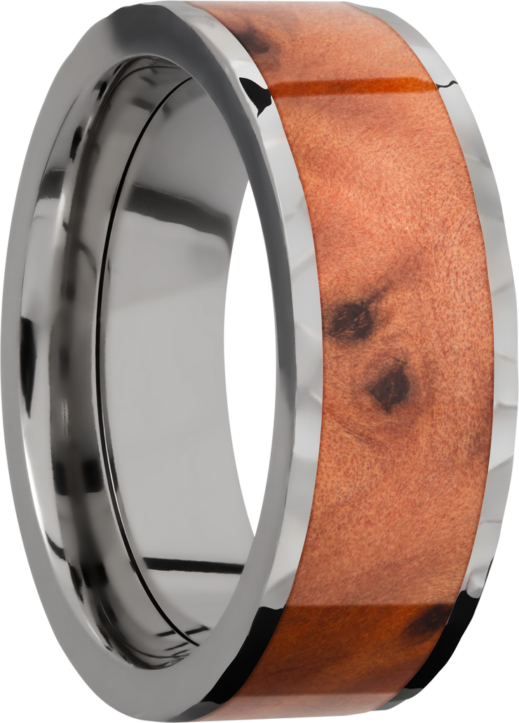 Titanium 8mm flat band with an inlay of Thuya Burl hardwood