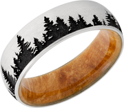 Cobalt chrome 7mm domed band featuring a laser-engraved tree pattern and a hardwood sleeve of Boxelder Burl