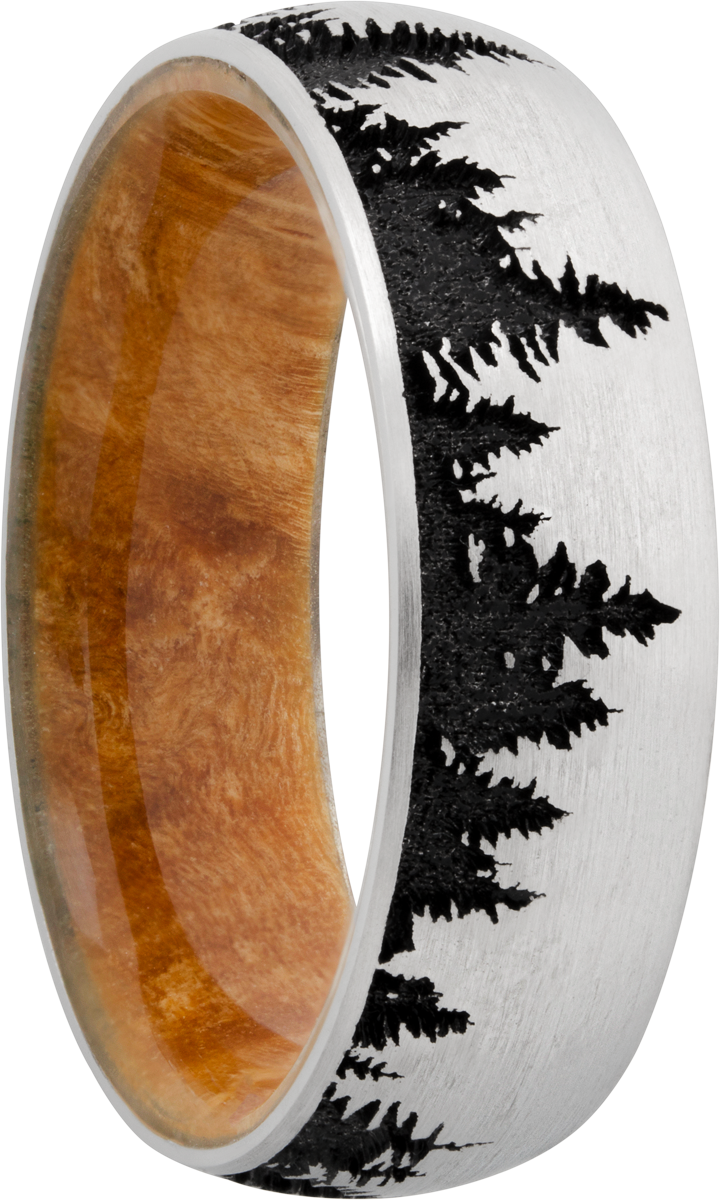 Cobalt chrome 7mm domed band featuring a laser-engraved tree pattern and a hardwood sleeve of Boxelder Burl